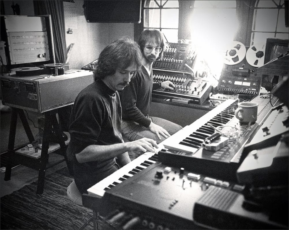 Director and composer John Carpenter sits with technologist Alan Howarth at Pi West Studio, working on the soundtrack for the 1978 horror film, "Halloween."﻿