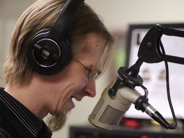 Here I am in my radio studio at 87.9 KACU.