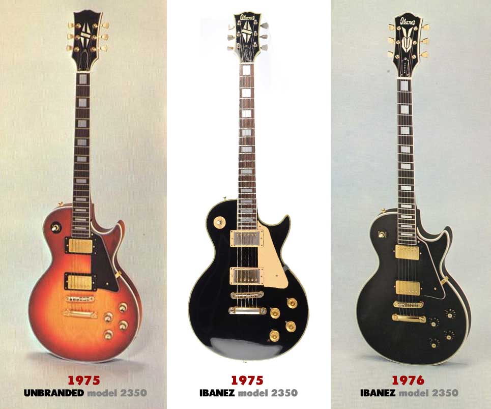 Here you can see catalog images of the Ibanez model 2350. The left image features non-branded headstock, the center image boldly displays the Ibanez brand on the head, and on the right (post-lawsuit), it is an entirely new design with a new head-japanese-lawsuit-guitars