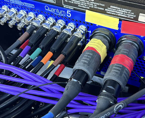 A screen grab of a Digico SD5Q showing two fiber snake connectors marked yellow and red, and 10 BNC Coax Cables color coded to feed to and from a multitrack recording system is portrayed