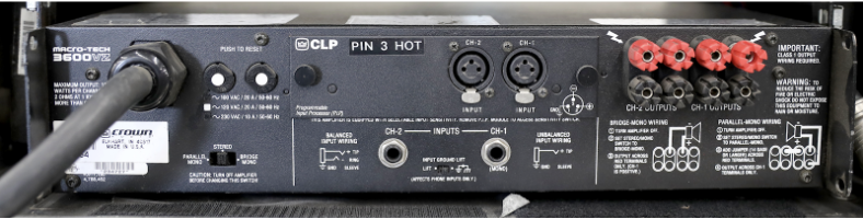 A screen grab of an older crown amp rear panel is pictured, with various inputs