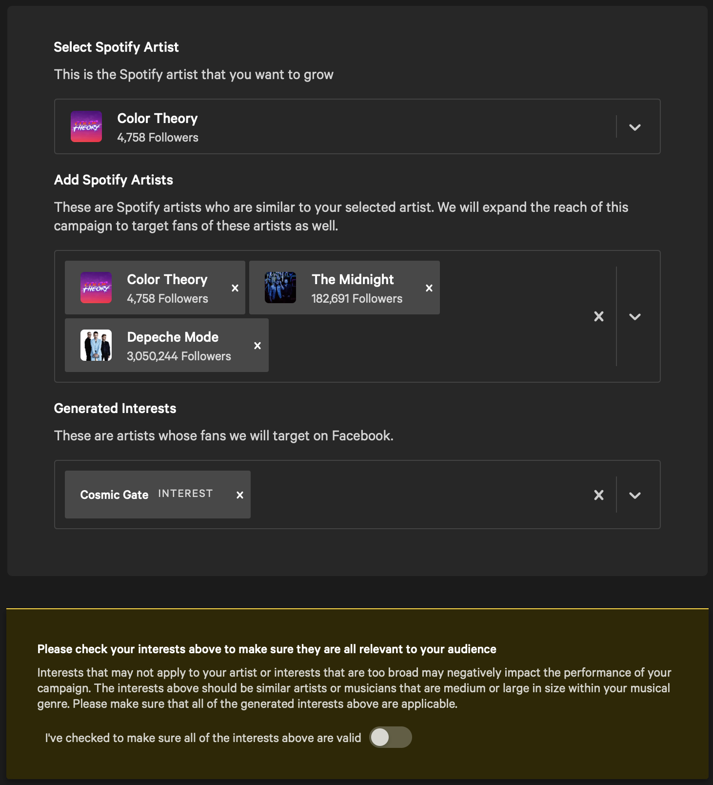 ToneDen Spotify Artists and Generated Interests