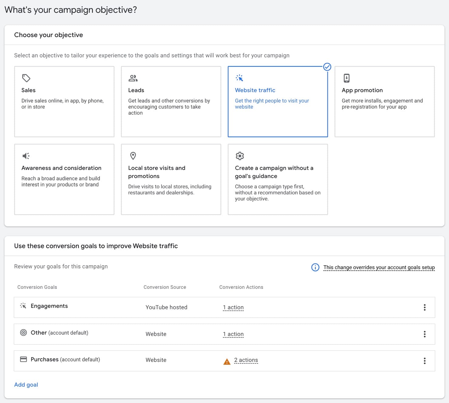 Google Ads objective and conversion goals