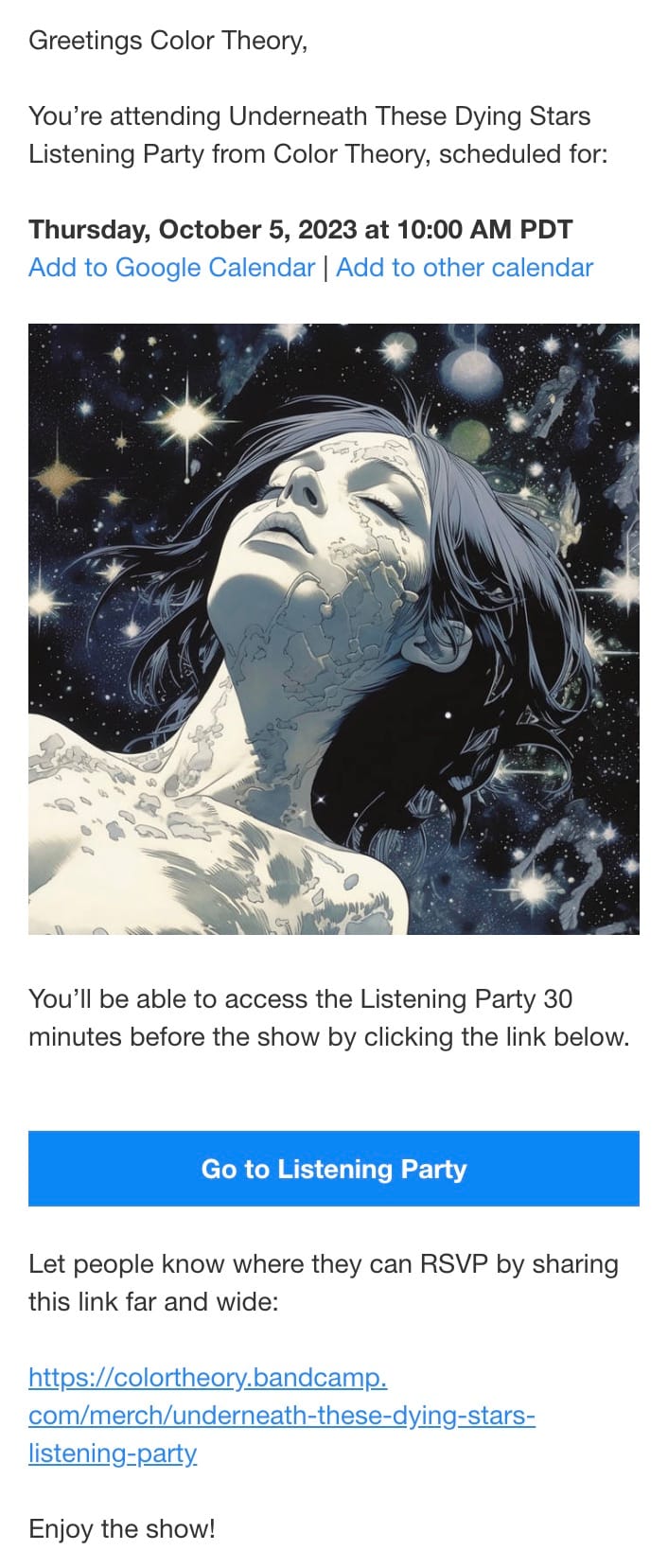 Bandcamp Listening Party email confirmation