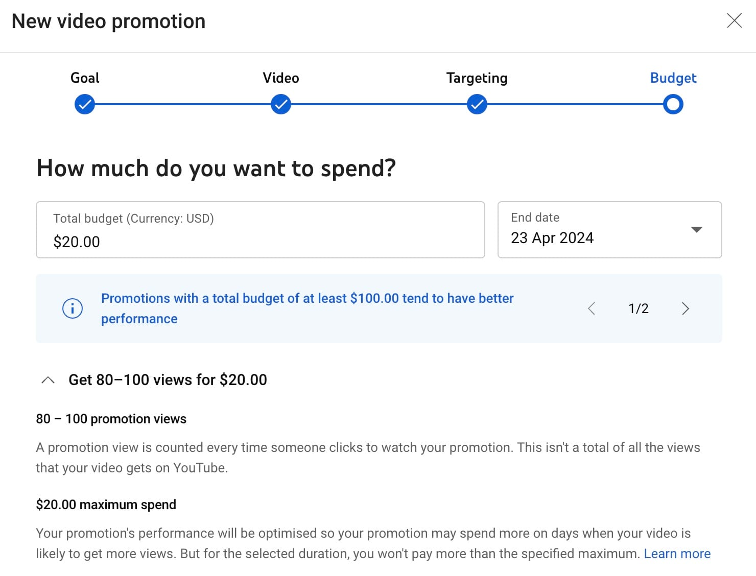 YouTube Studio Promotions budget
