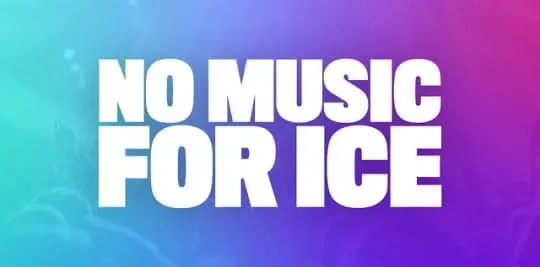 No music for ice event poster with bold white text on colorful digital background, promoting music-free ice shows or festival