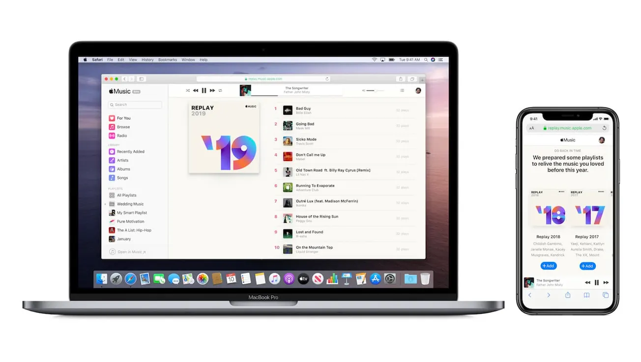 Replay music playlist on MacBook Pro and iPhone showcasing music streaming platform, playlist curation, and digital music ser