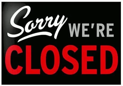 Closed sign with "Sorry We're Closed" message, black background, white and red text indicating business closure, commonly use