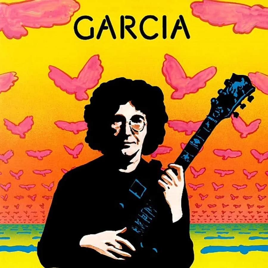 Colorful illustration of a person holding a guitar with pink butterflies and a sunset background, celebrating music and artis
