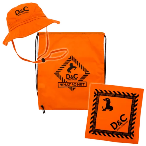 Orange D&C branded bucket hat and drawstring bag with bold black logo and slogan, streetwear accessories, trendy fashion item