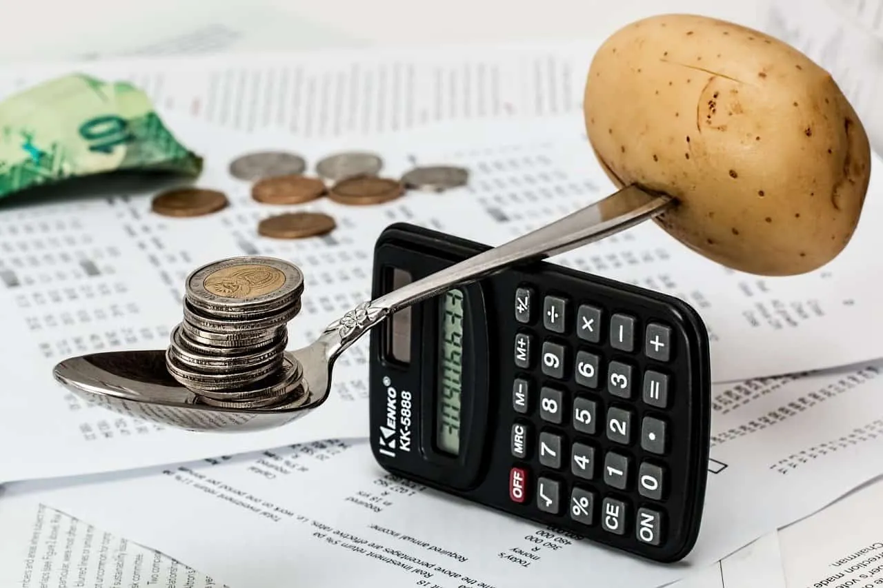 Stack of coins balanced on a spoon with a potato, calculator, financial documents, and a currency note, representing financia