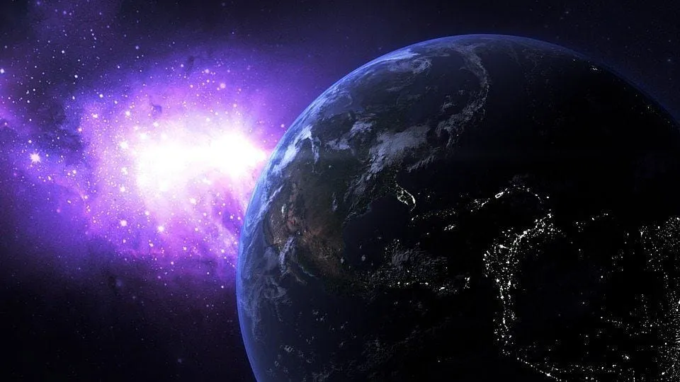 Vibrant view of Earth from space with a purple cosmic nebula in the background, showcasing the beauty of outer space and the