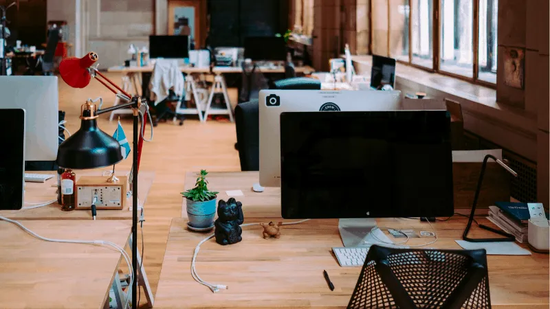 Modern open-plan office workspace with desktop computers, plants, and decorative items for a productive creative environment.