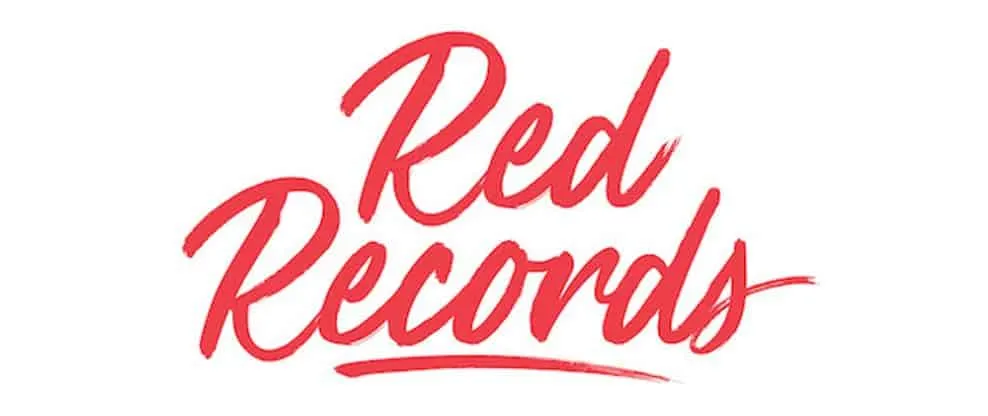 Red records logo, music industry branding, record label, vibrant red text, stylized music company branding.