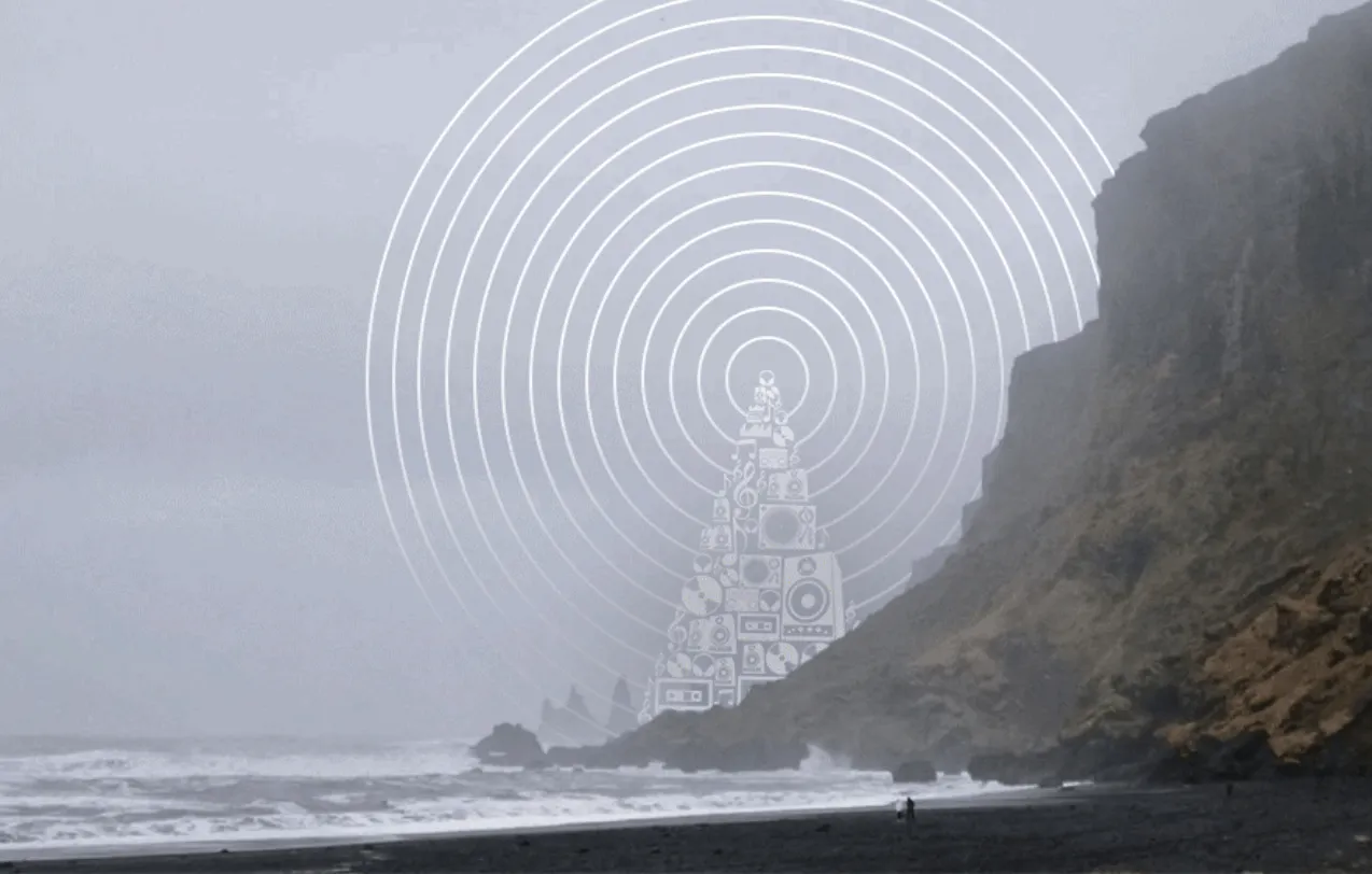 Vintage speaker tower illustration with sound waves on a rocky beach under a cloudy sky.