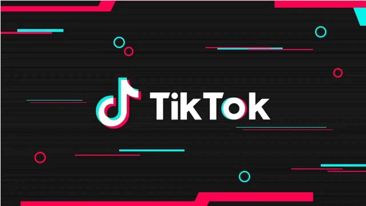 TikTok logo on a digital background with colorful lines and circles, representing social media, video sharing, and entertainm