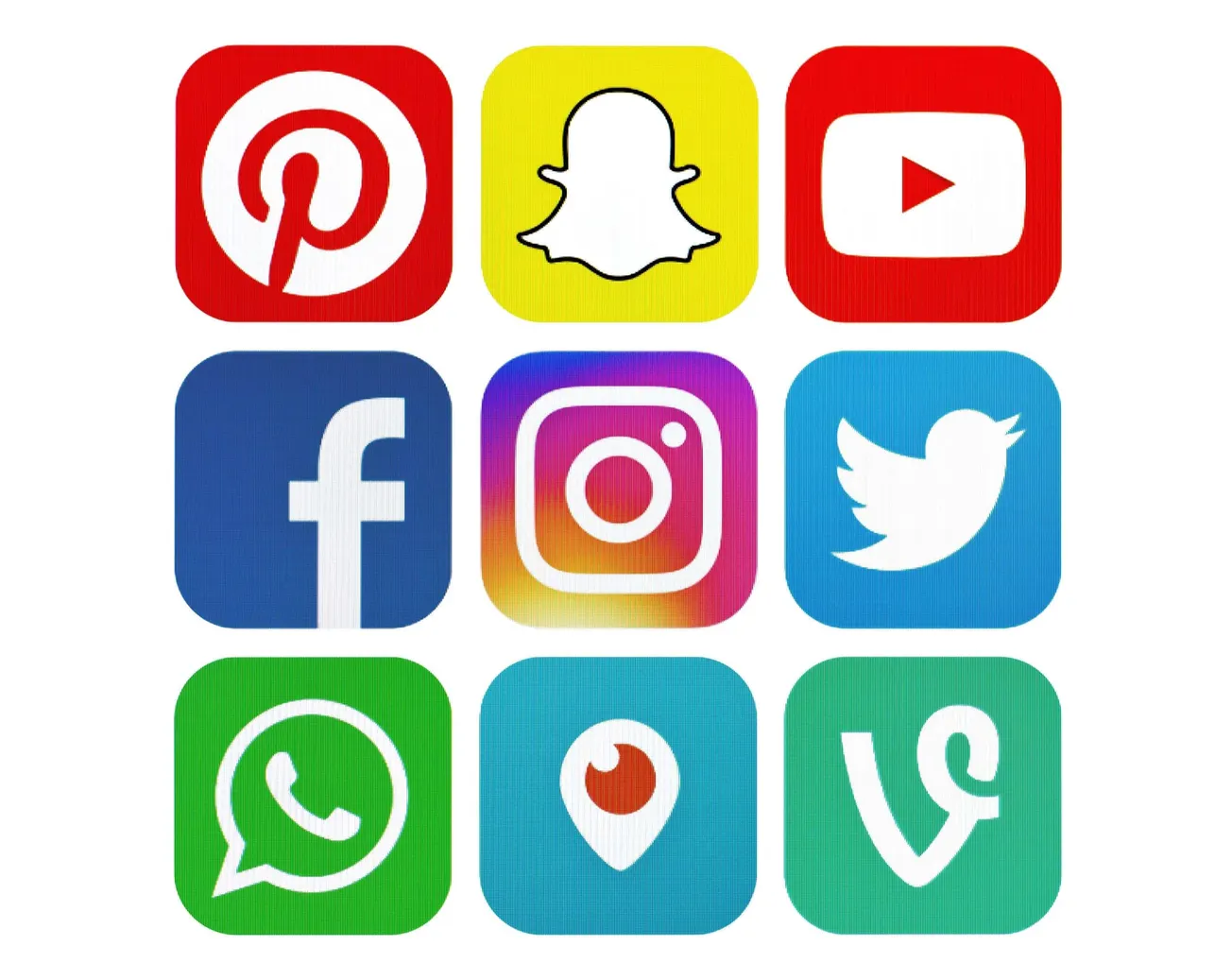 Pinterest, Snapchat, YouTube, Facebook, Instagram, Twitter, WhatsApp, Periscope, Vimeo logos for social media sharing and dig