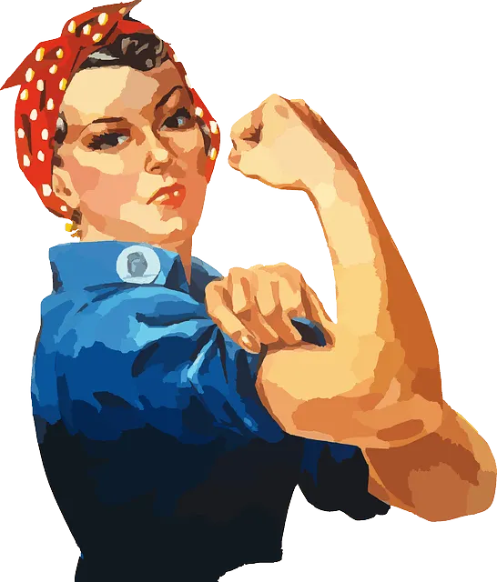 Bold woman in vintage style showing muscle, inspiring empowerment and strength, with a retro aesthetic emphasizing confidence
