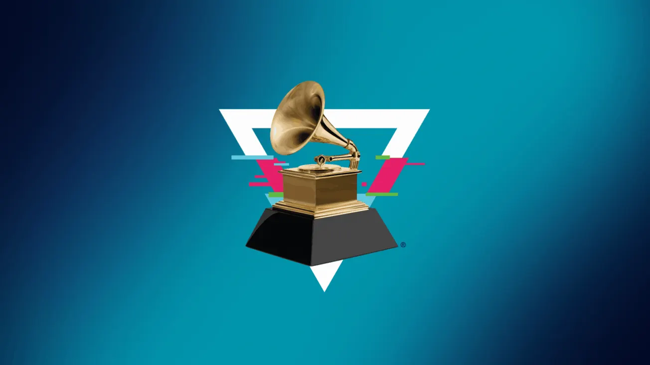 Vintage gramophone with a geometric digital art background, representing music, media, and entertainment industry trends, fea