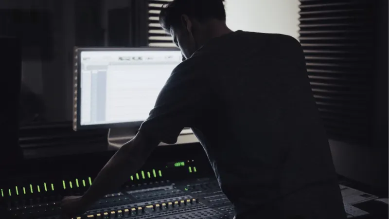 Professional music producer working at a mixing console with a computer in a dark studio environment.