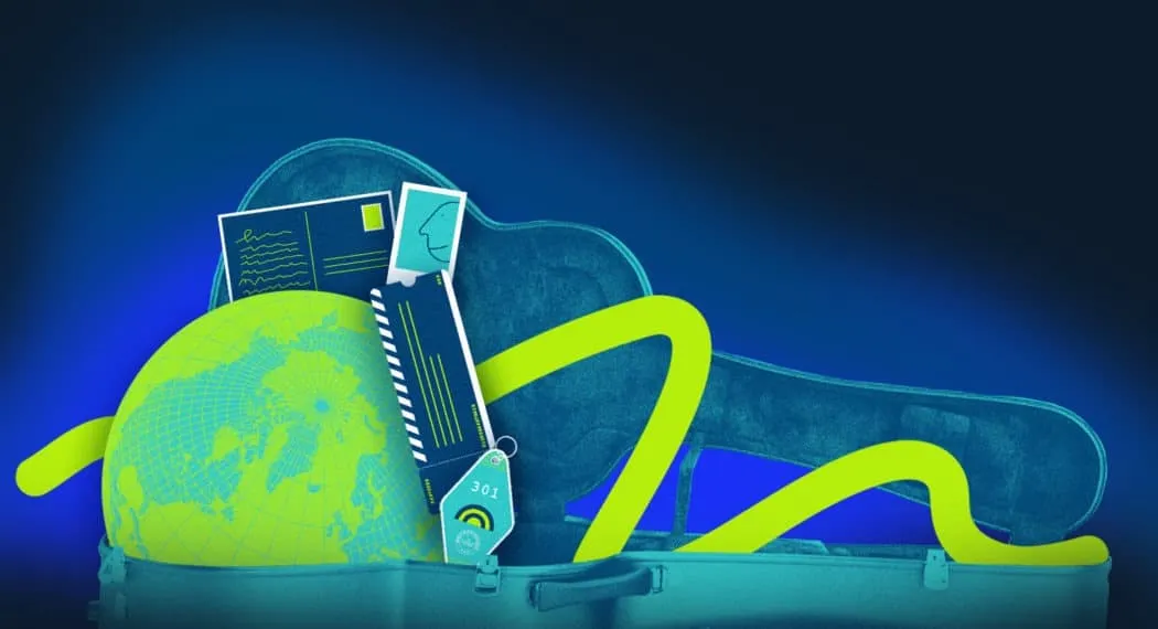 AI-generated image of global digital connectivity with a globe, digital gadgets, and data interfaces, emphasizing music indus