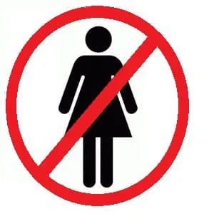 No women symbol with a prohibition sign against them, representing restrictions or bans on female presence.