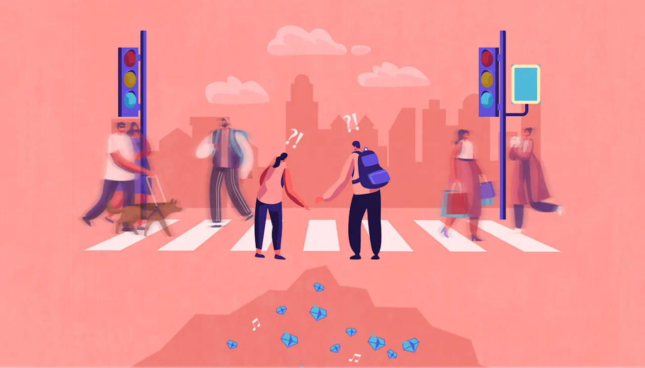 Crucial role of music and social interaction in urban city life, featuring diverse pedestrians, crosswalks, traffic signals,