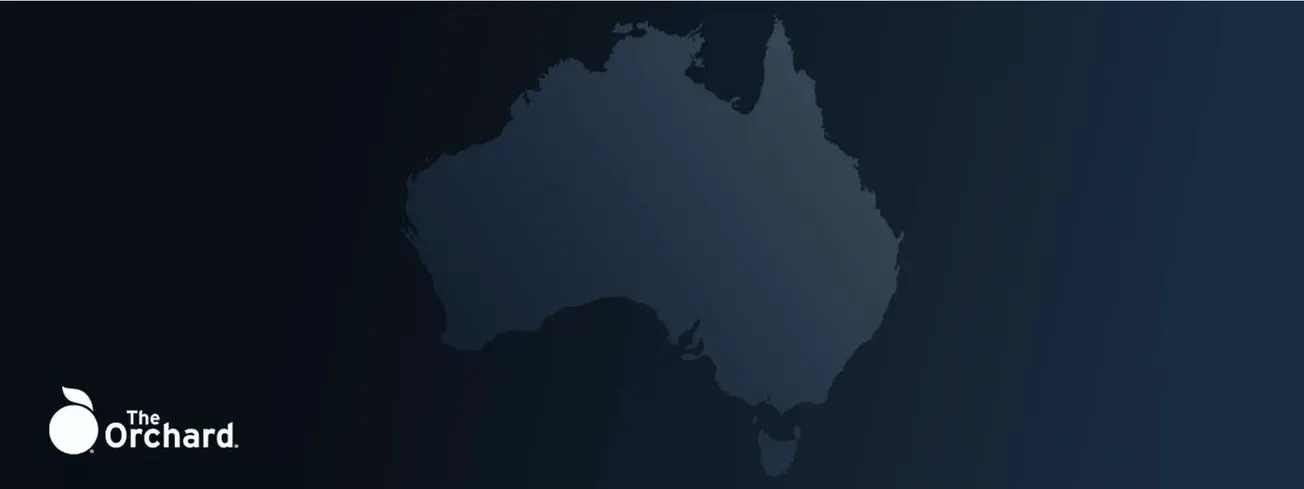 Aussie map silhouette with dark blue background, showcasing regional focus on Australian music industry, digital marketing, a
