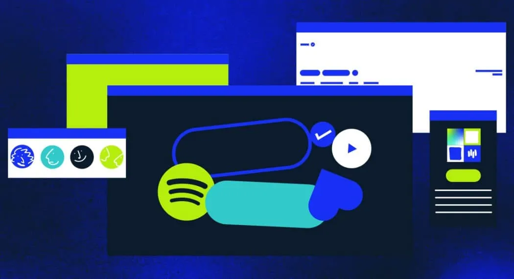 Bright digital illustration highlighting music streaming, podcasting, and digital media platforms with vibrant colors, emphas