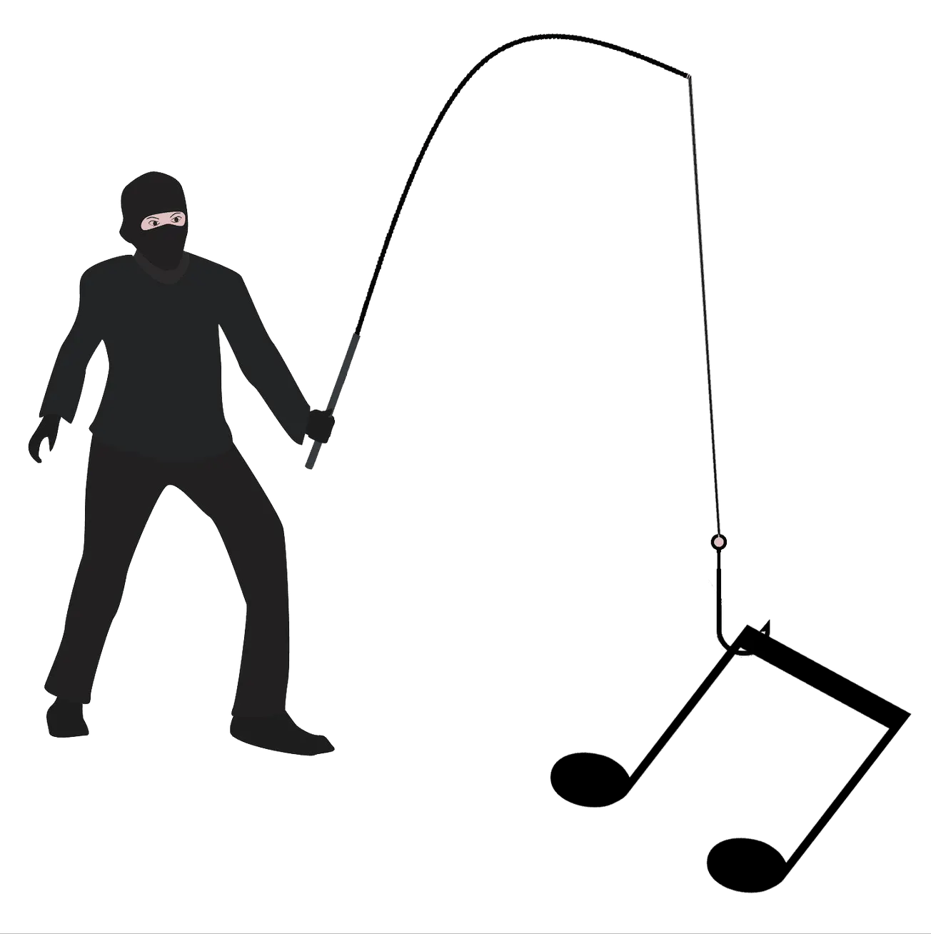 Suspicious person in dark clothing holding a fishing rod, creating a silhouette of a sinister figure. Image symbolizes hackin