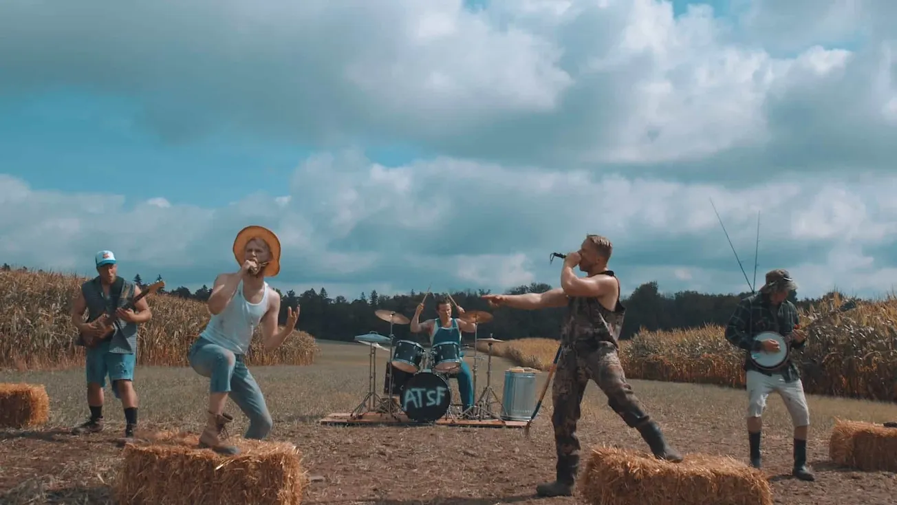 Rock band performing outdoors in a field with hay bales, showcasing live music, band members, instruments, summer vibe, count