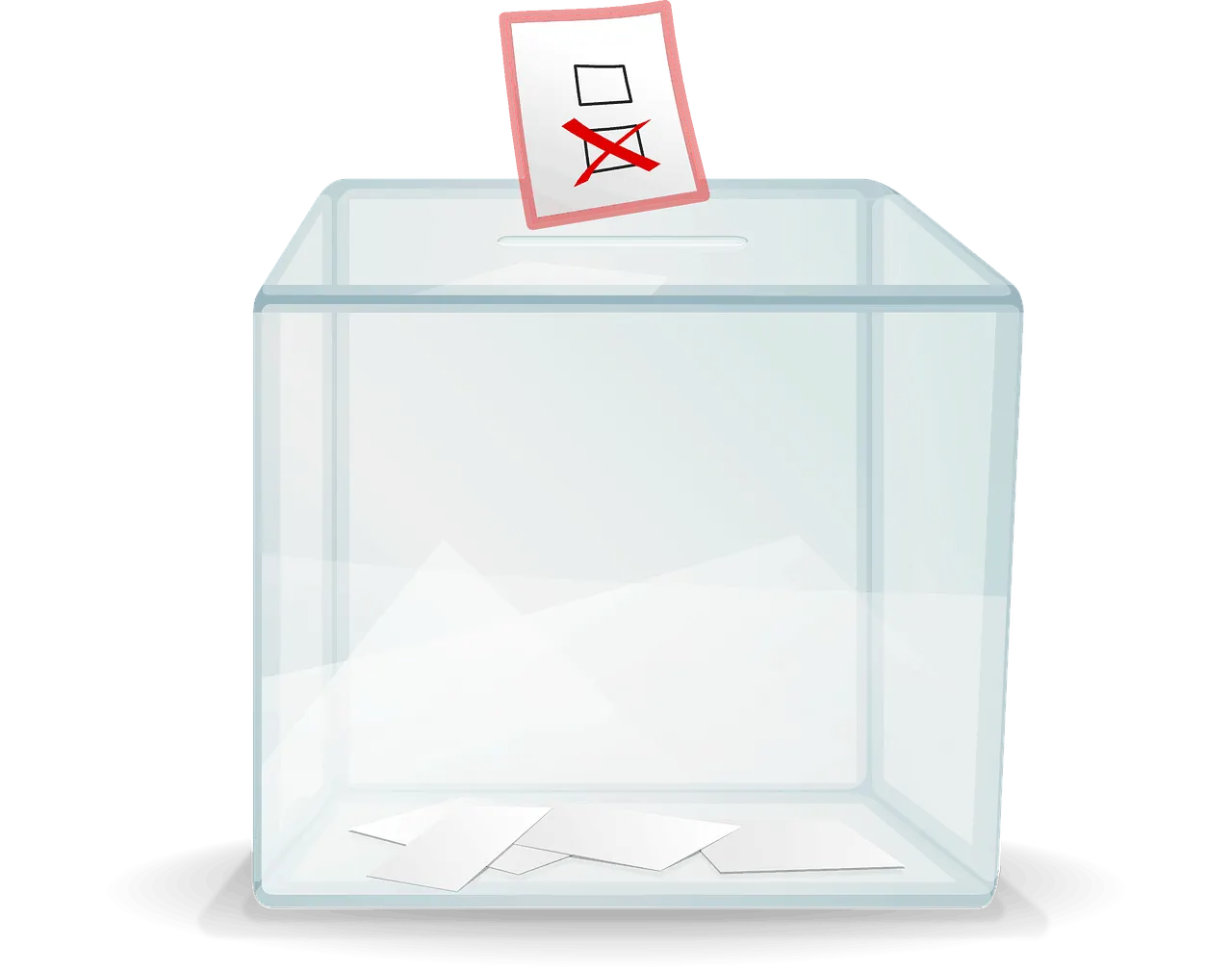 Voting ballot being cast into a transparent ballot box with a red checkmark and cross icon, symbolizing voting, elections, or