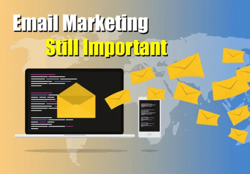 Email marketing still important illustrated with a laptop and mobile device sending emails, emphasizing digital marketing str