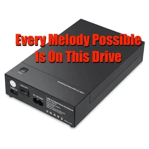 USB drive with bold red text overlay reading "Every Melody Possible Is On This Drive" representing music storage and digital