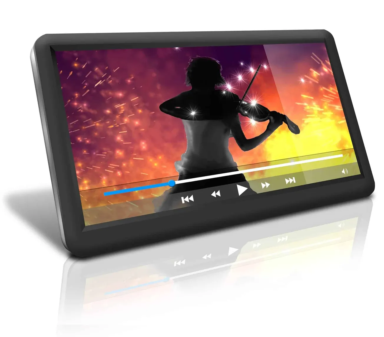 Vlogging style video of a person playing the violin with a colorful fireworks background on a portable media device for music