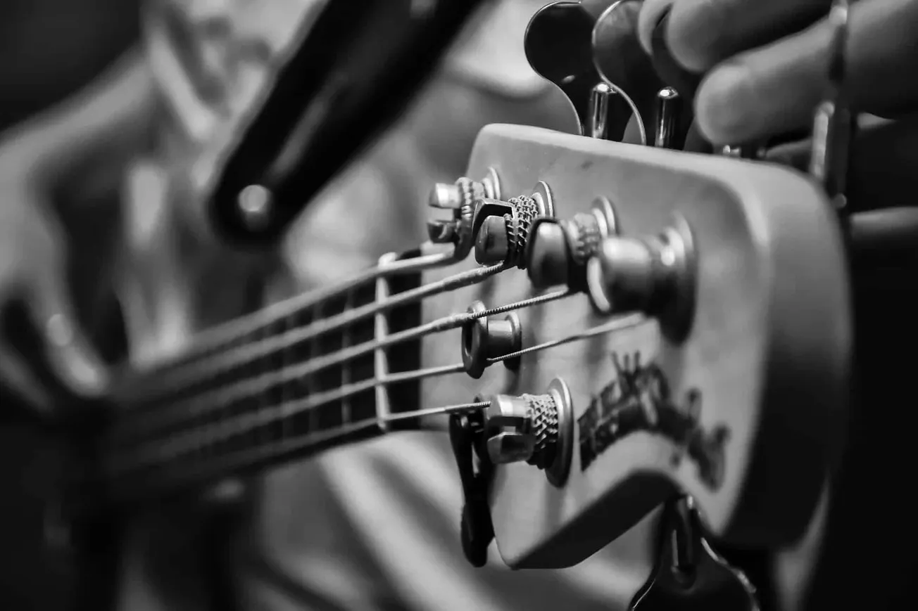Close-up of a guitar headstock with tuning pegs and strings, black and white, focusing on musical instrument details.