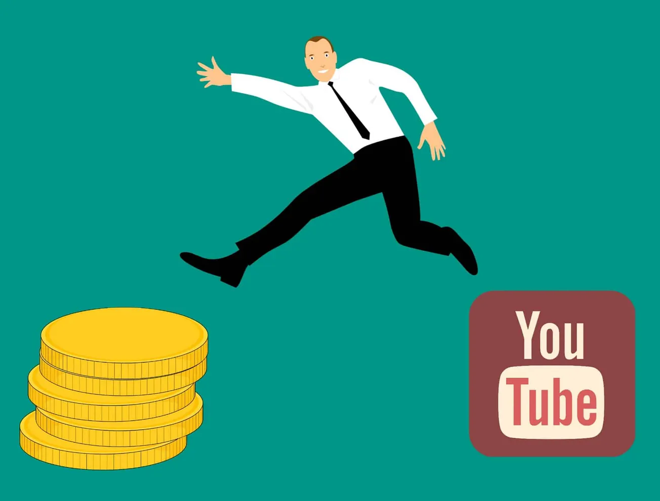 Investor man jumping over coins toward YouTube logo, digital media, content creation, monetization, online video platform, mu