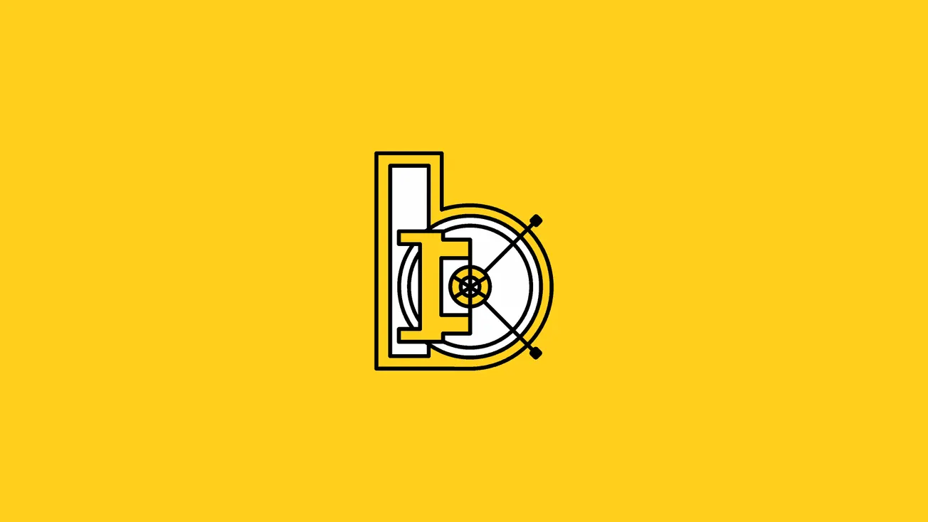 Minimalist bitcoin logo with target and crosshair design on yellow background, representing cryptocurrency, digital finance,