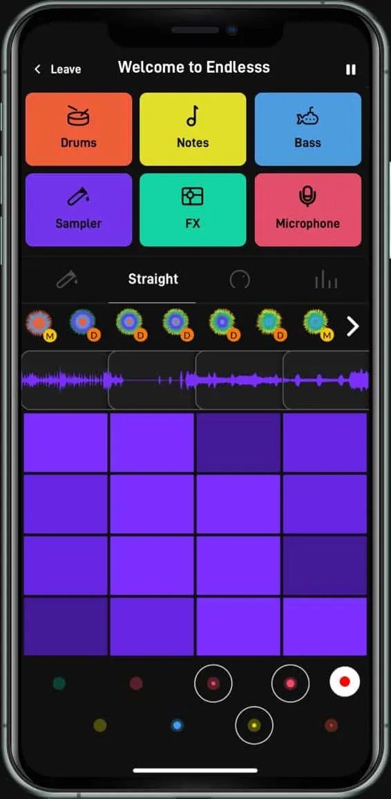 Dynamic music production app interface showcasing drum, note, bass, sampler, FX, and microphone controls on a smartphone scre