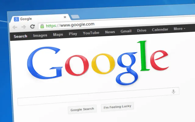 Google homepage with search bar and colorful logo, representing search engine technology and digital information access.