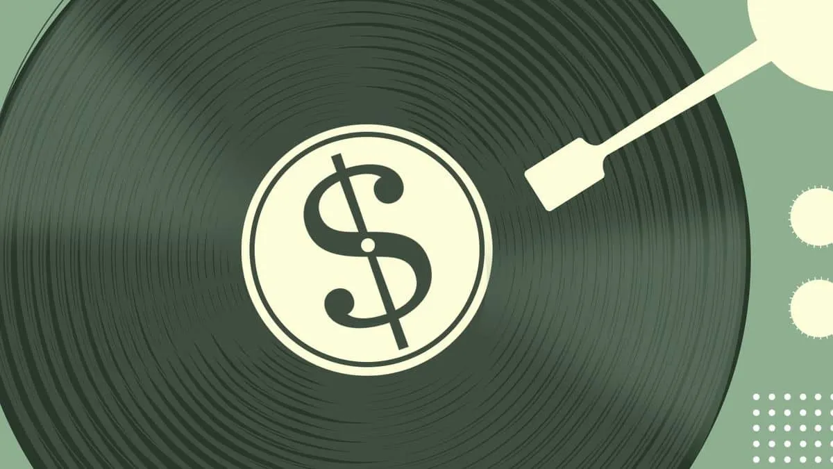 Money icon on a vinyl record representing music industry revenue and monetization strategies.