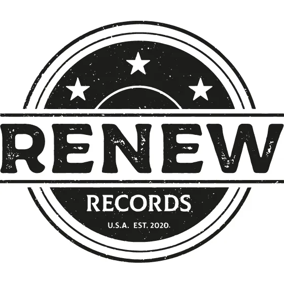 Vintage black and white logo for Renew Records featuring bold text, stars, and a circular design emphasizing record label bra