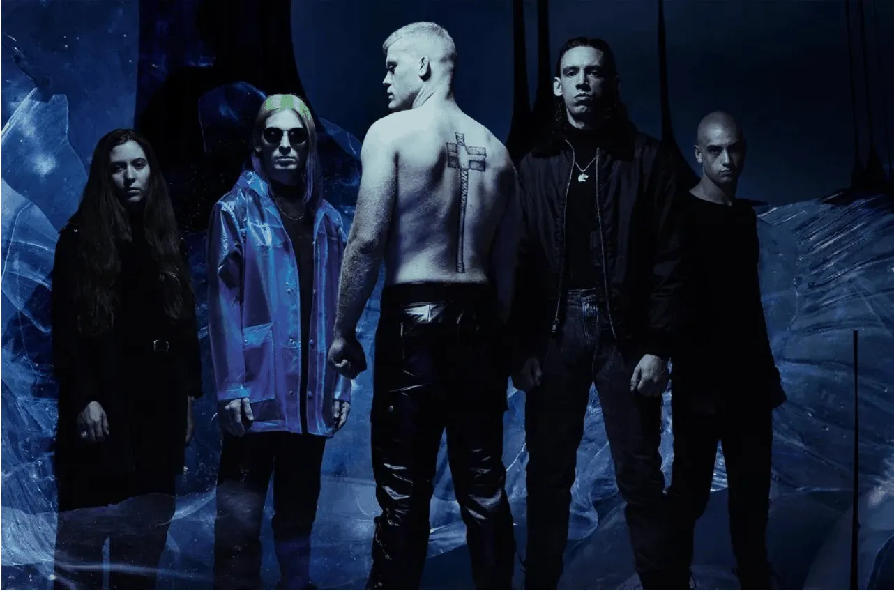 Dark moody music band photo with edgy style and futuristic setting for music industry branding.