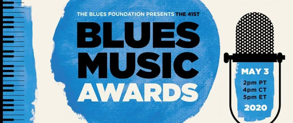 Insightful blue themed blues music awards event poster highlighting the date and time of the 41st Blues Music Awards, showcas