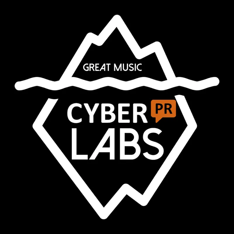 Cyber Labs logo featuring mountain outline, "Great Music" tagline, and "PR" speech bubble emphasizing music industry innovati