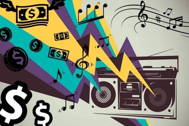 Money and music symbols illustration representing music industry revenue and financial aspects of music promotion.