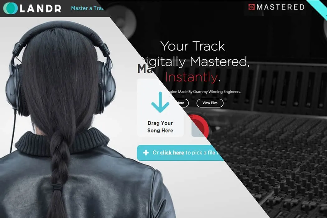 High-quality headphones worn by a woman with braided hair on a music production and mastering website.