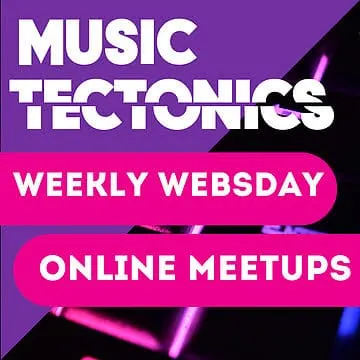 Innovative music technology event poster showcasing weekly webinars and online meetups for music industry professionals and e