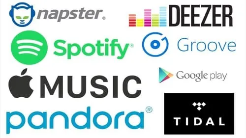 Streaming music service logos featuring Napster, Deezer, Spotify, Groove, Apple Music, Pandora, Google Play Music, Tidal, sho