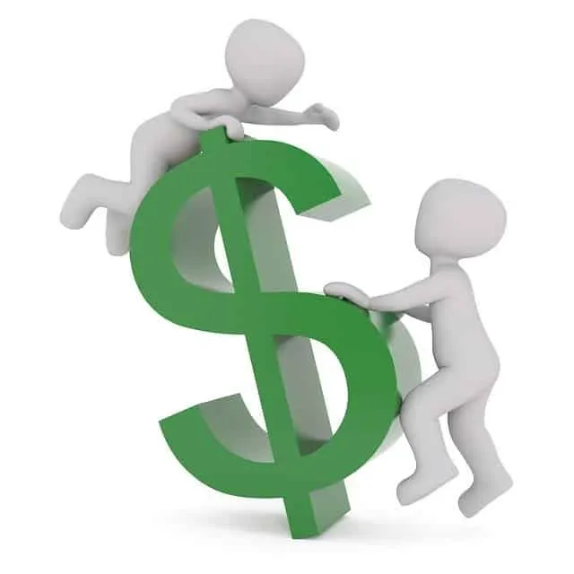 $ symbol with 3D figures climbing and holding onto it representing financial growth and investment in the digital economy.